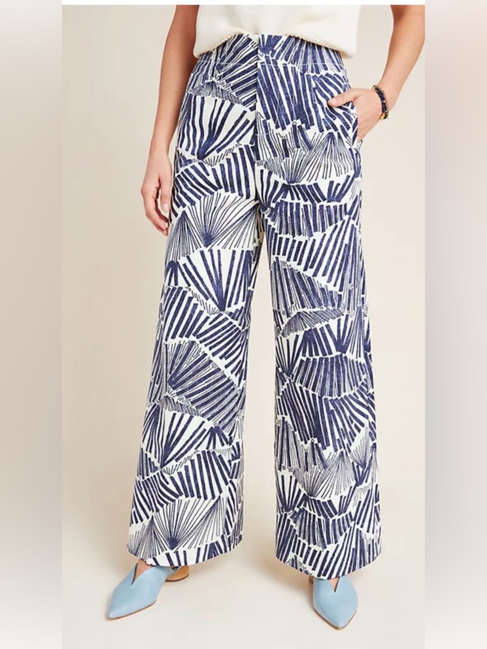 Anthropologie Navy and White Graphic Wide-Leg Pants
